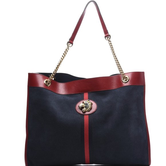 Gucci Suede Calfskin Large Rajah Chain Tote New Blue Romantic Cherry - Picture 1 of 1